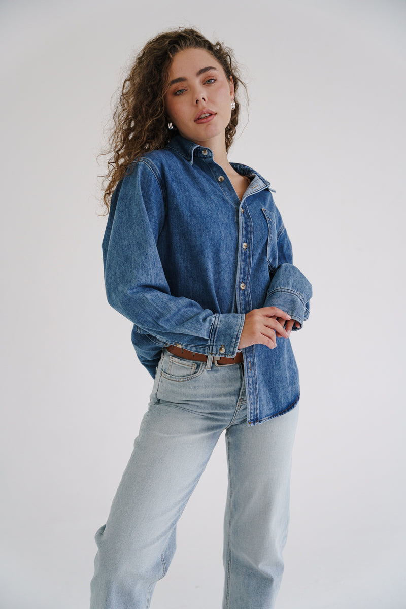 Long Sleeve Button Down Denim Top Medium Wash