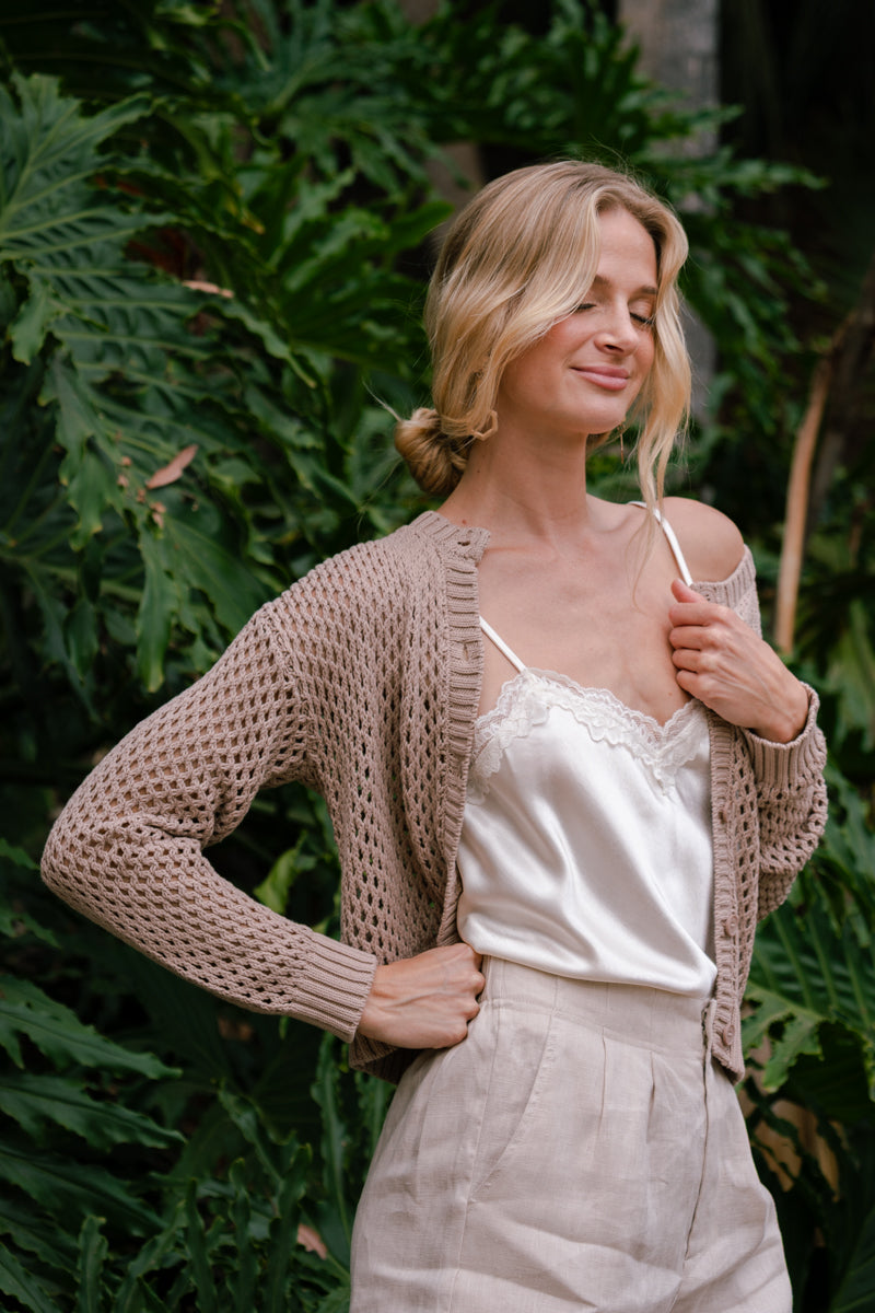 Long Sleeve Button Down Crochet Cardigan Mocha