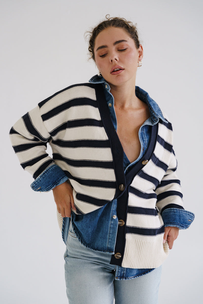 Long Sleeve Stripe Knit Cardigan Cream