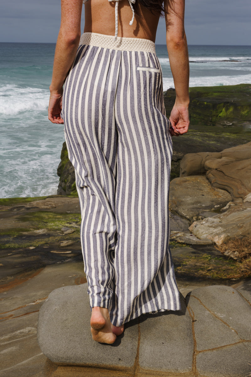 Knit Waist Wide Leg Stripe Print Pants Blue