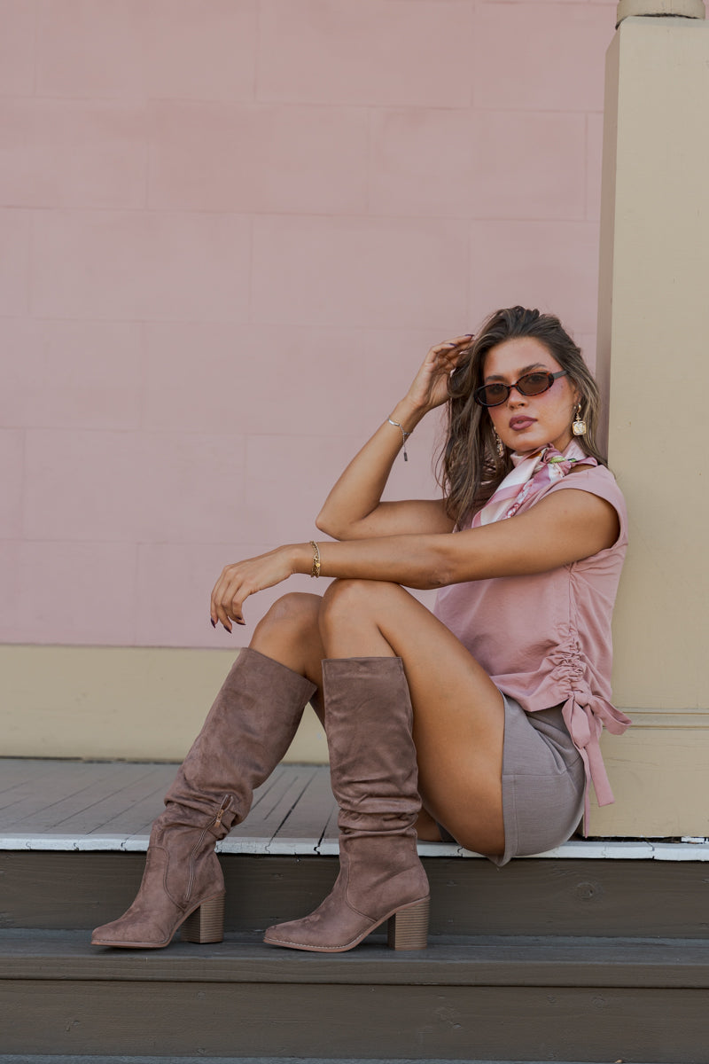 Short Cap Sleeve Side Drawstring Tie Top Pink