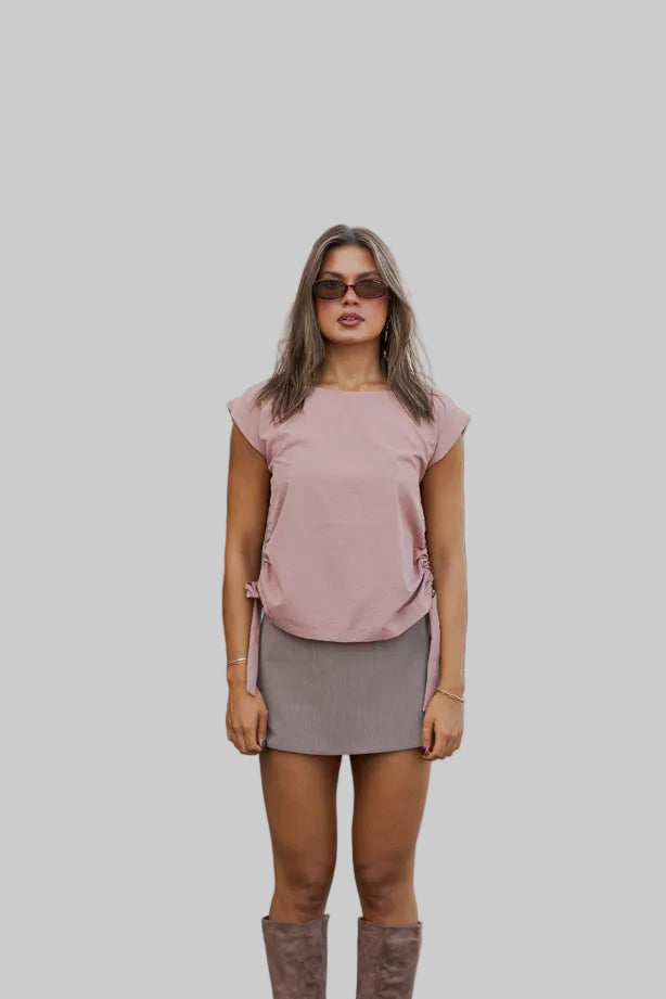 Short Cap Sleeve Side Drawstring Tie Top Pink