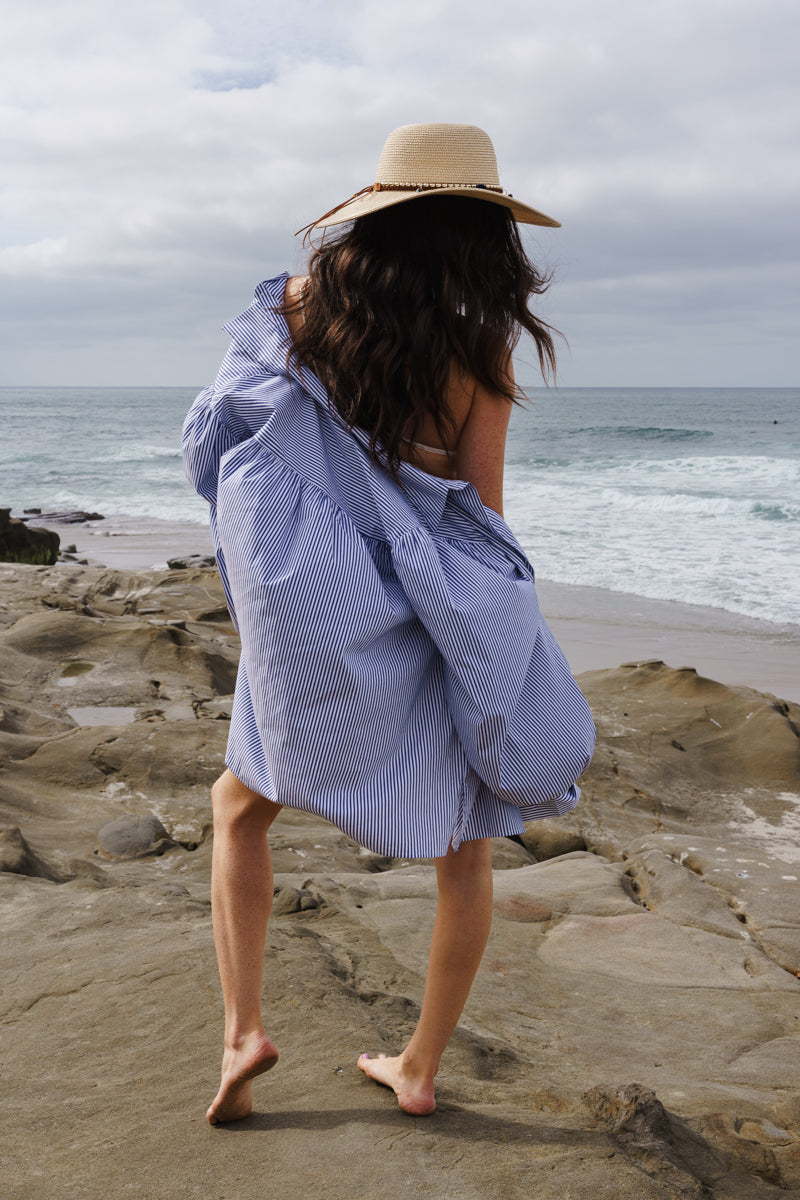 Long Balloon Sleeve Button Down Stripe Print Top Blue