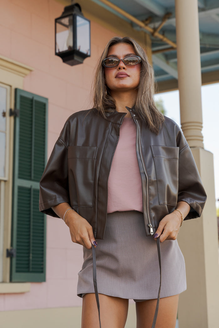 Ava Long Sleeve Zip Up Drawstring Faux Leather Jacket Brown