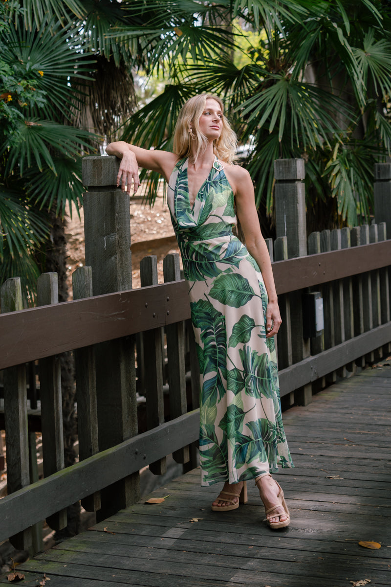 tropical print maxi dress Blue & Green Strapless - Sky to Moon - Summer Vacation Dress and lightweight fabric! Tropical Summer Wrap Maxi Dress