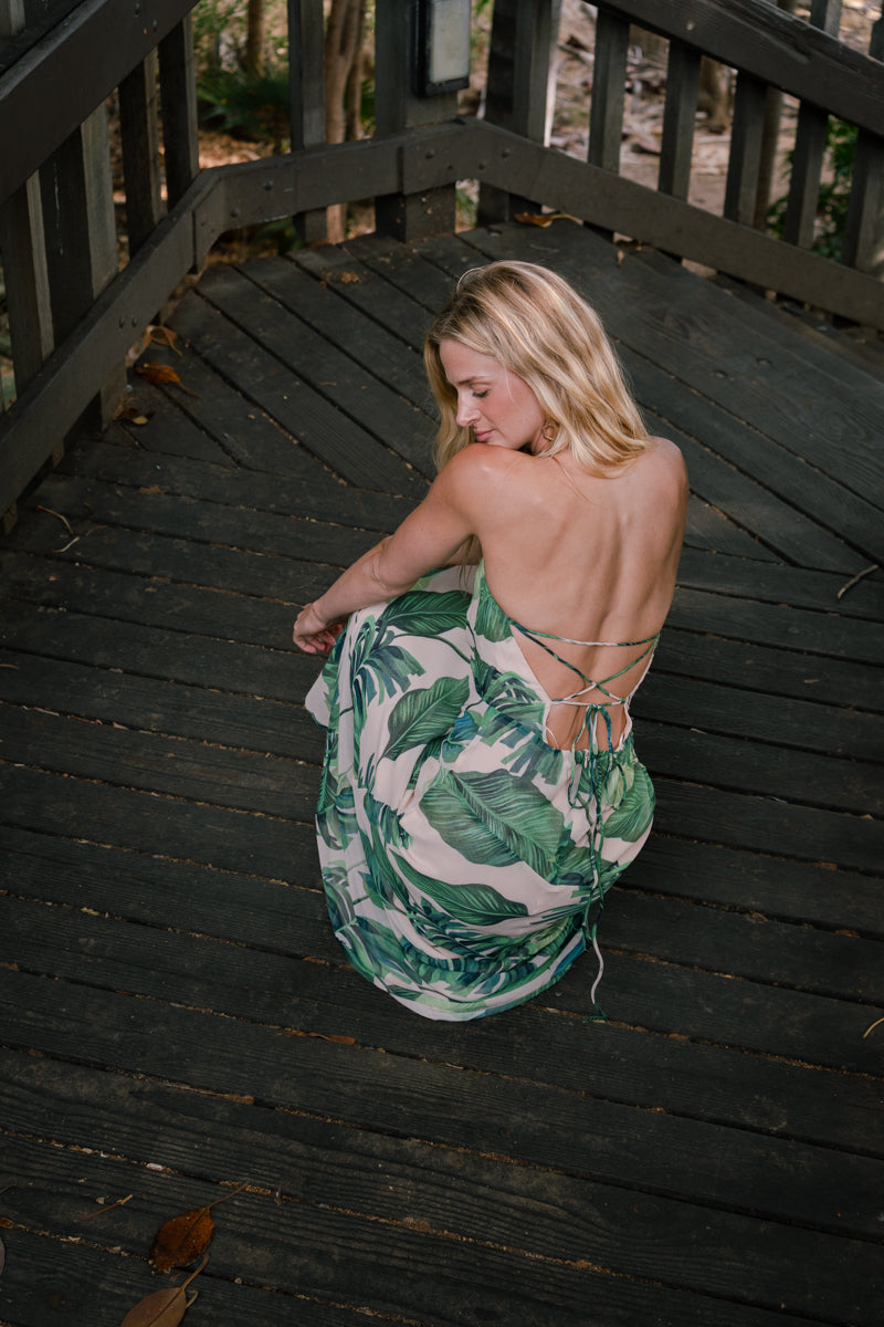 Sleeveless Halter Open Back Tropical Print Maxi Dress Green