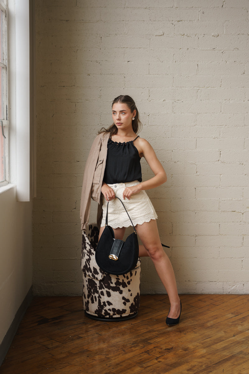 Faux Suede Shoulder Handbag Black