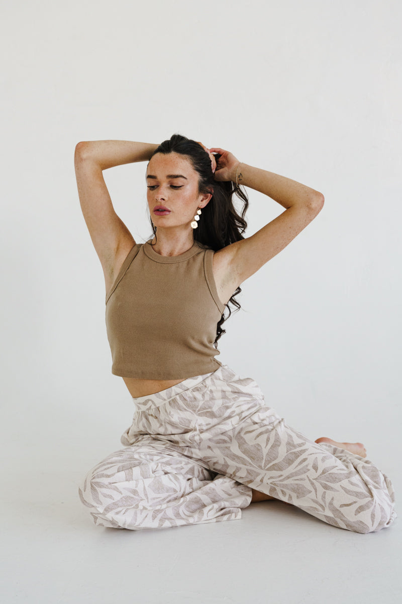 High Waist Wide Leg Tropical Print Pants Taupe