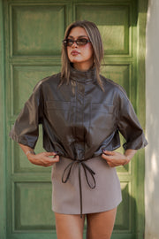 Ava Long Sleeve Zip Up Drawstring Faux Leather Jacket Brown