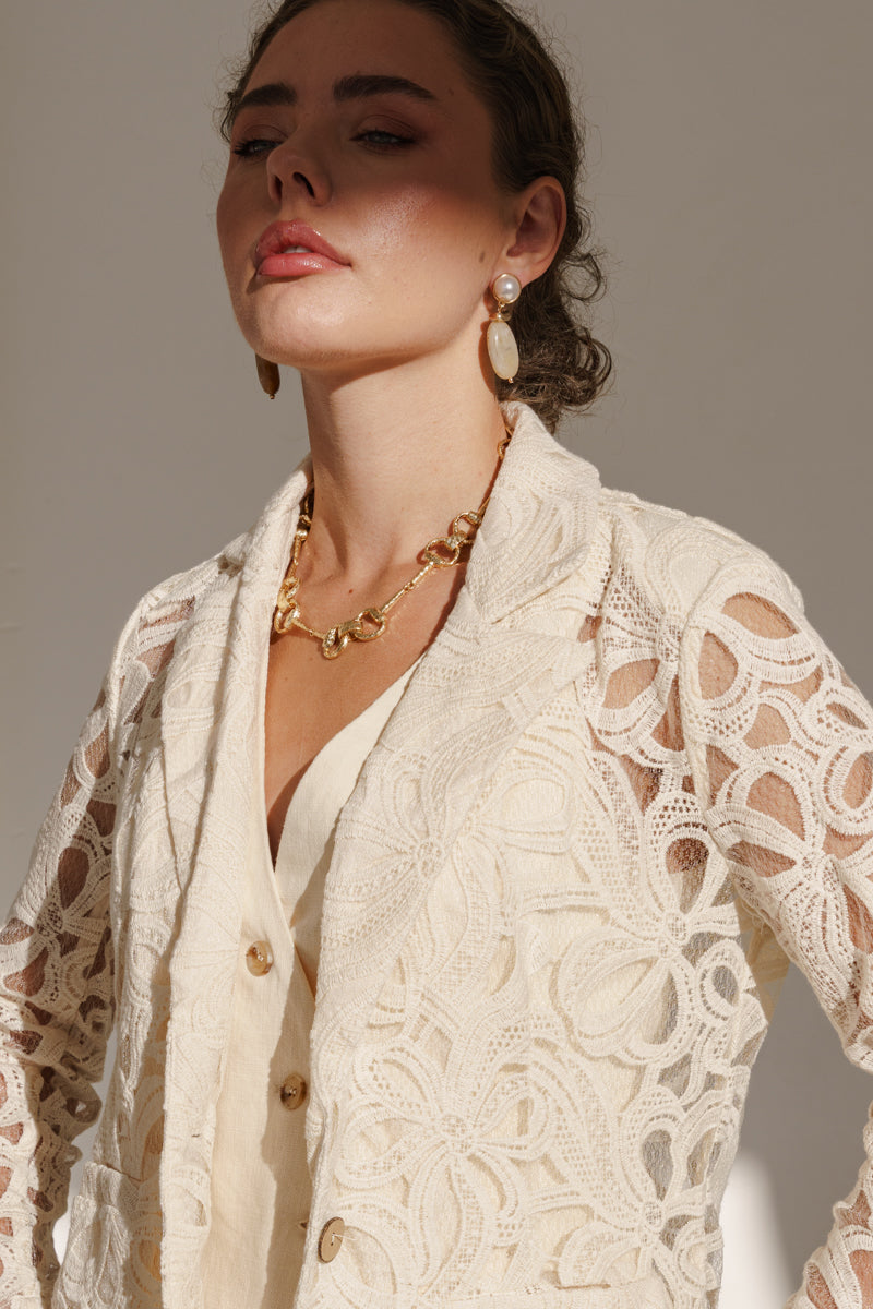 Long Sleeve Lace Blazer Jacket Natural