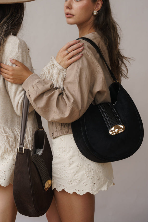 Faux Suede Shoulder Handbag Black