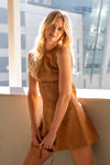 Sleeveless Faux Suede Open Back Tie Mini Dress Camel