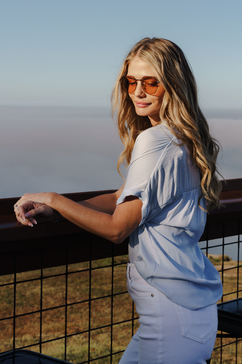 Short Sleeve Button Down Top Blue