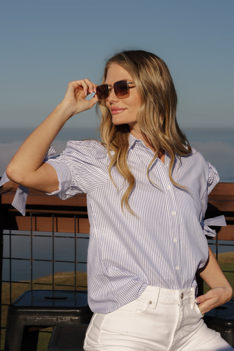 Short Puff Sleeve Button Down Stripe Print Top Blue