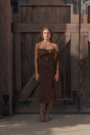 Sleeveless Polka Dot Print Midi Dress Brown