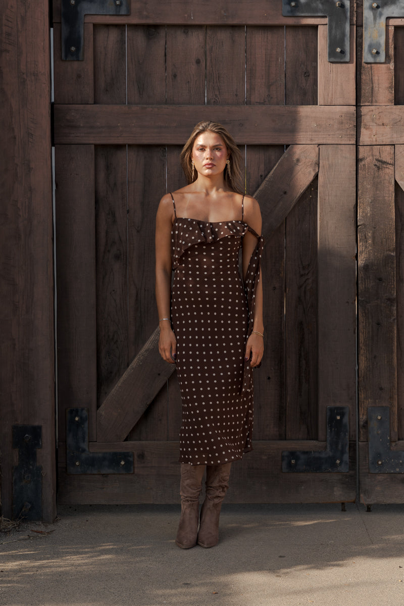 Sleeveless Polka Dot Print Midi Dress Brown