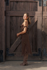 Sleeveless Polka Dot Print Midi Dress Brown