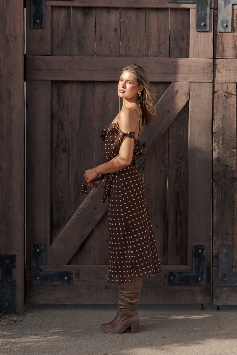 Sleeveless Polka Dot Print Midi Dress Brown