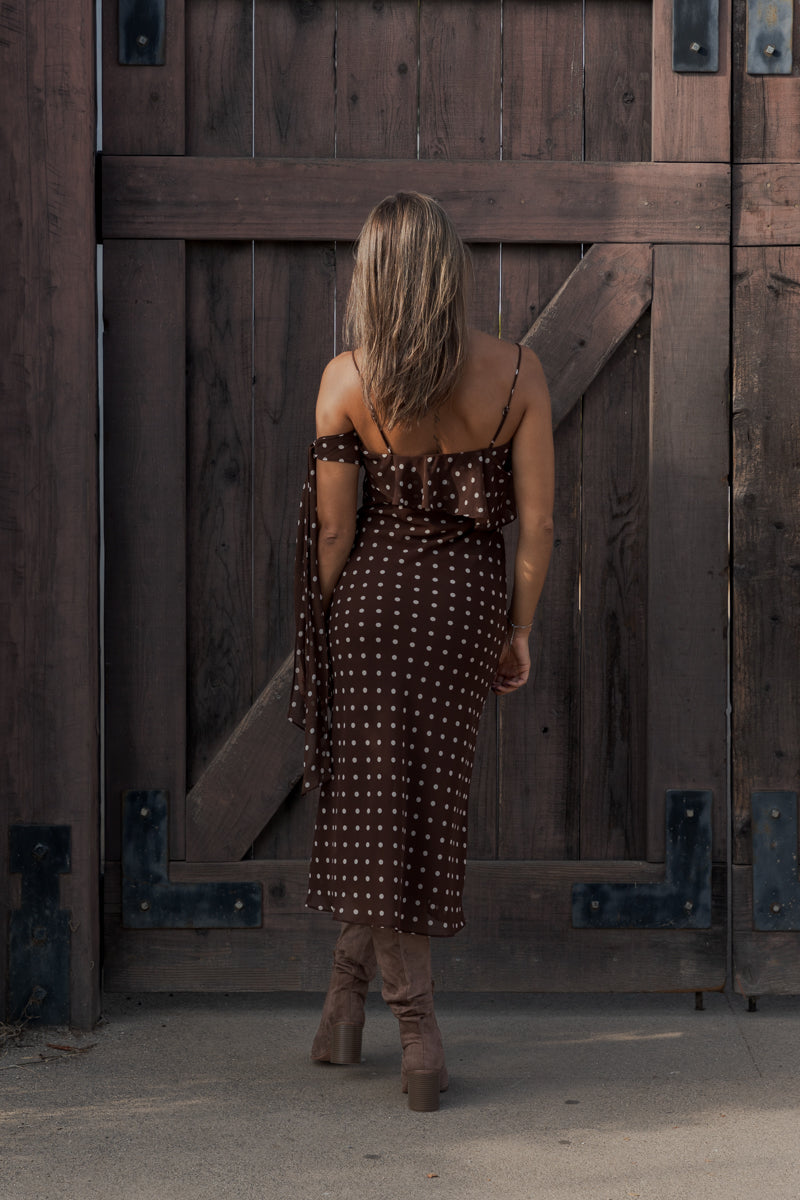 Sleeveless Polka Dot Print Midi Dress Brown