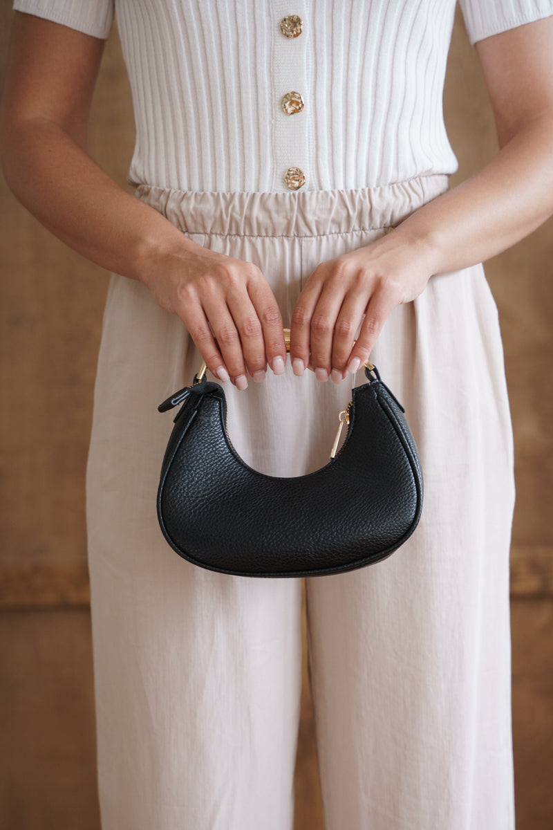 Metal Top Handle Faux Leather Handbag Black