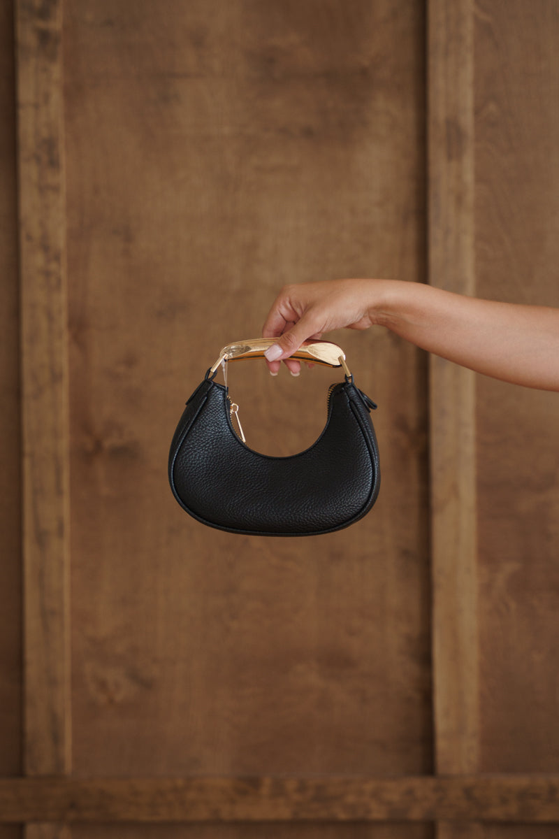 Metal Top Handle Faux Leather Handbag Black