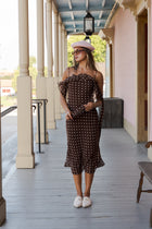 Sleeveless Polka Dot Print Midi Dress Brown