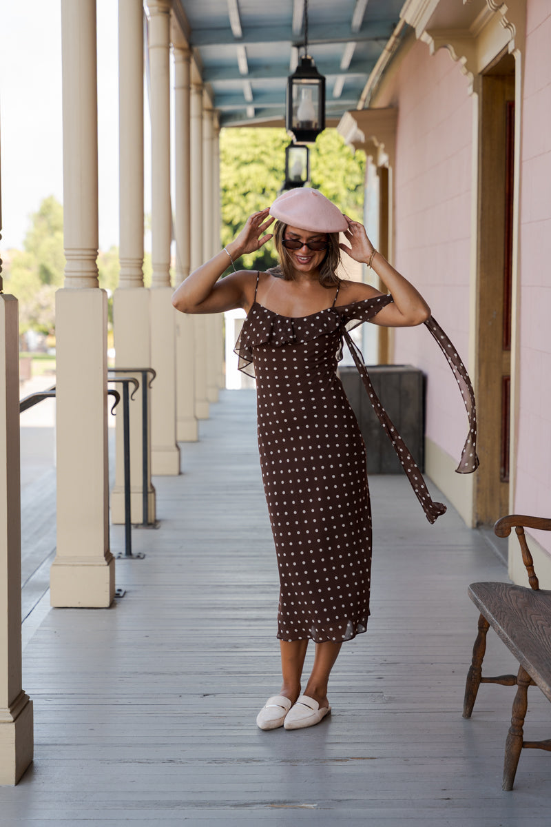 Sleeveless Polka Dot Print Midi Dress Brown