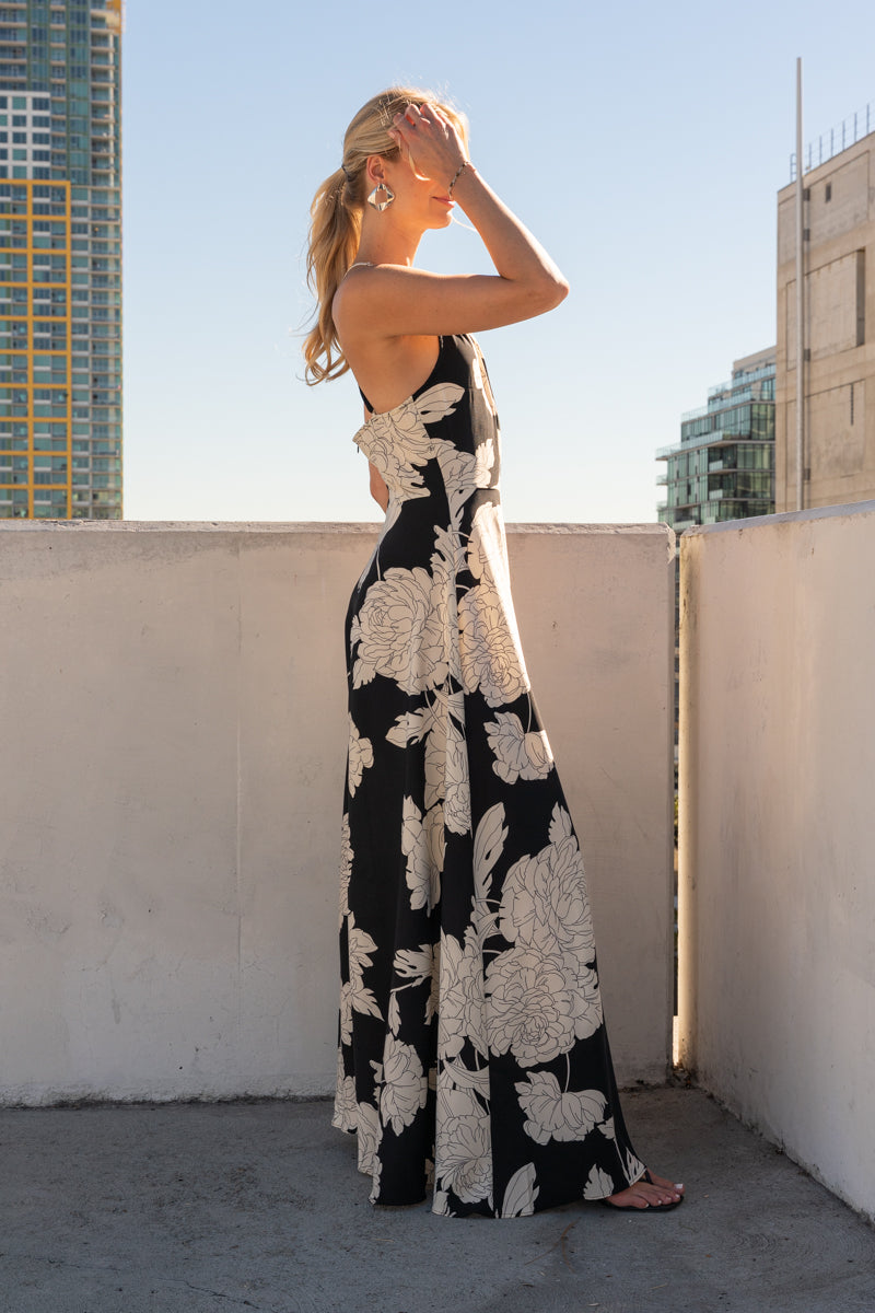 Sleeveless Halter Floral Print Maxi Dress Black