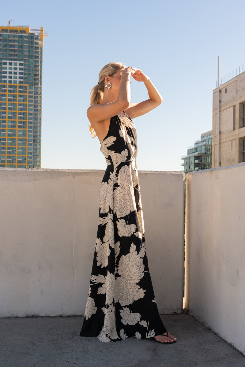 Sleeveless Halter Floral Print Maxi Dress Black