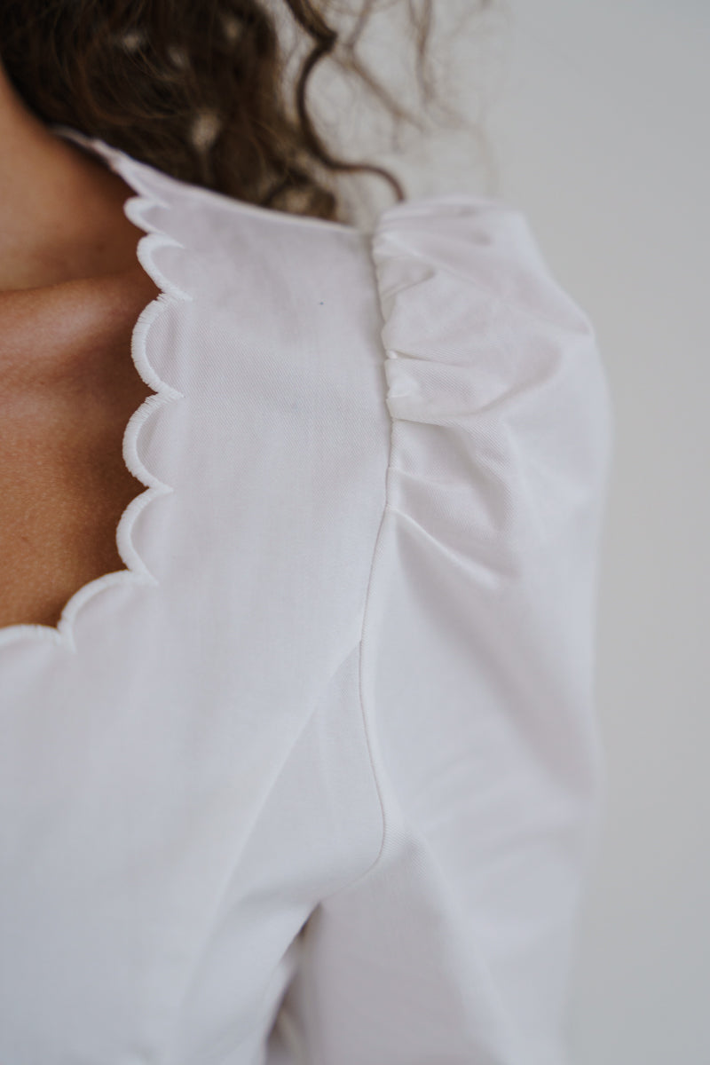 Long Puff Sleeve Button Down Scalloped Top White