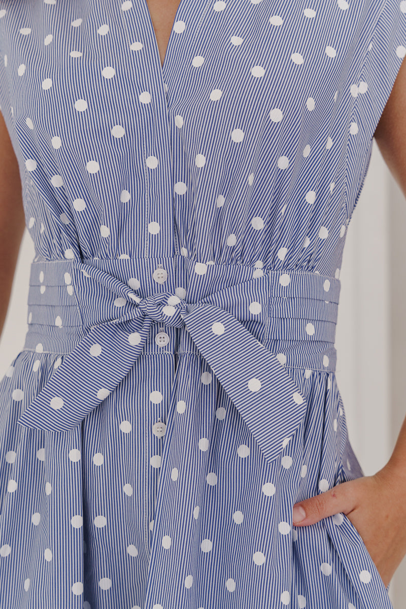 Short Sleeve Waist Tie Button Front Polka Dot Print Midi Dress Blue