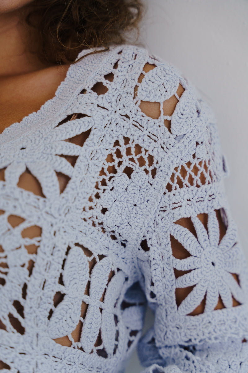 Long Sleeve Cropped Crochet Cardigan Blue