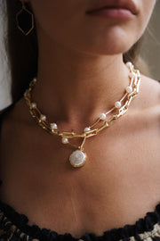 Layered Faux Pearl Pendant Necklace Gold