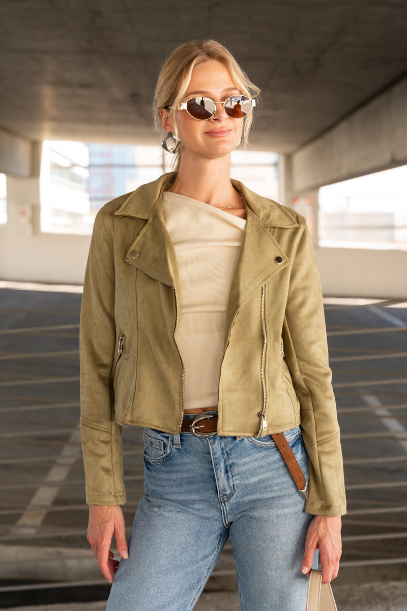 Vegan Suede Moto Jacket Olive