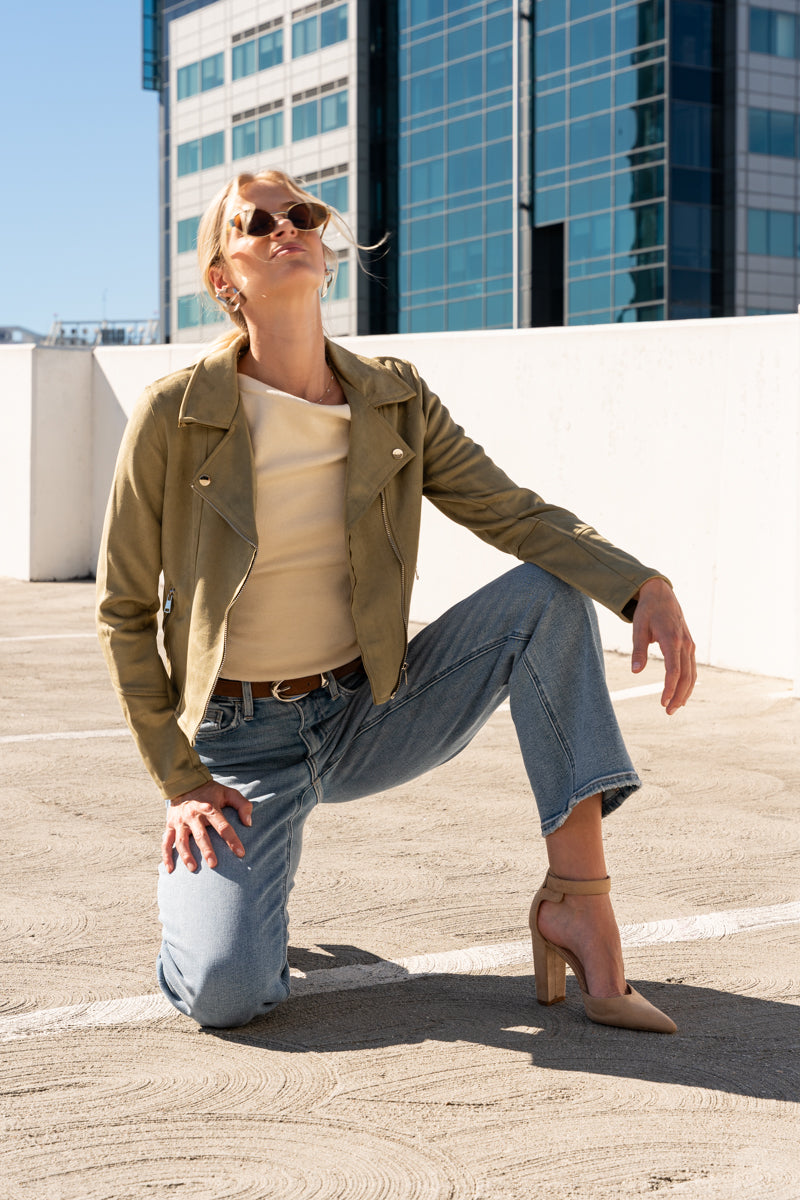 Vegan Suede Moto Jacket Olive