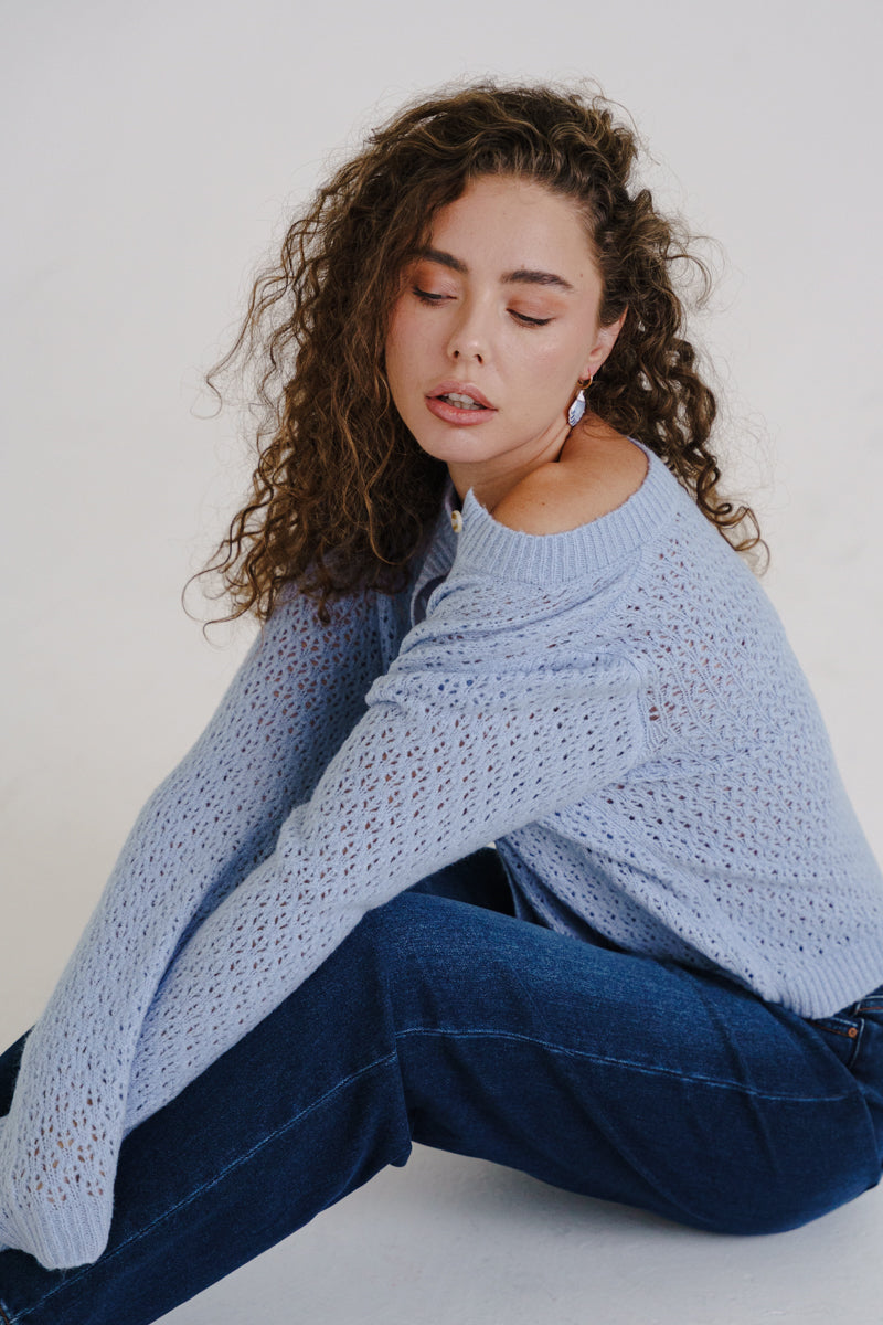 Long Sleeve Button Down Eyelet Knit Cardigan Blue