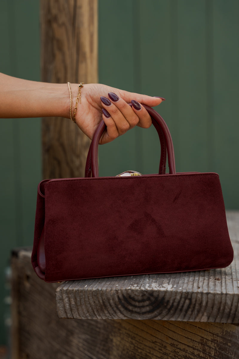 Top Handle Faux Suede Handbag Burgundy