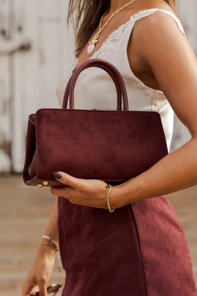 Top Handle Faux Suede Handbag Burgundy