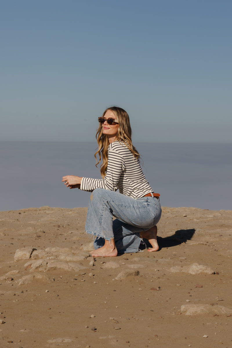 Long Sleeve Twist Front Stripe Print Knit Top Navy