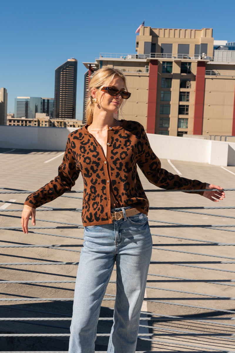 Long Sleeve Button Down Leopard Print Cardigan Brown