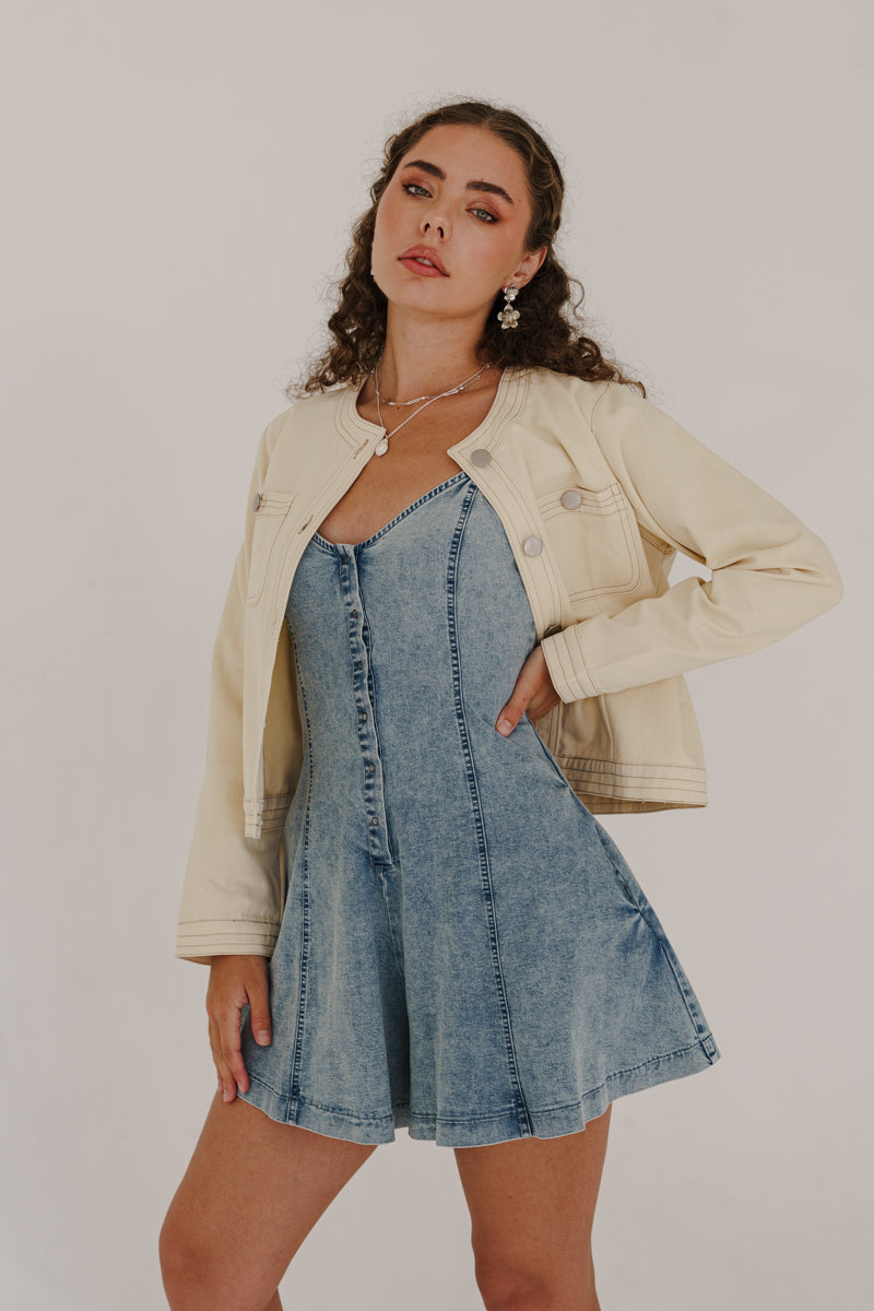 Long Sleeve Contrast Twill Jacket Cream