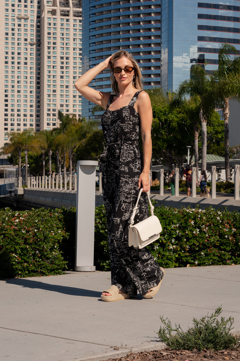 Sleeveless Waist Tie Button Front Scenic Print Wide Leg Jumpsuit Black