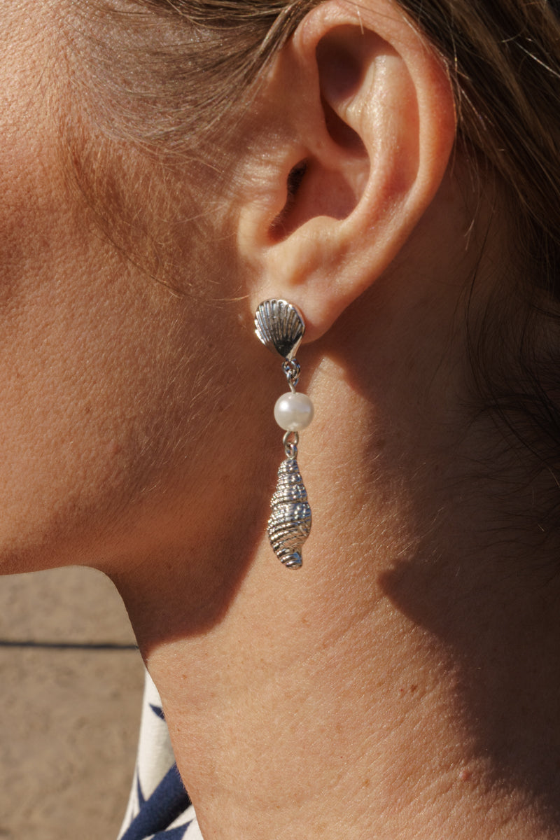 Conch Seashell Drop Earrings Silver