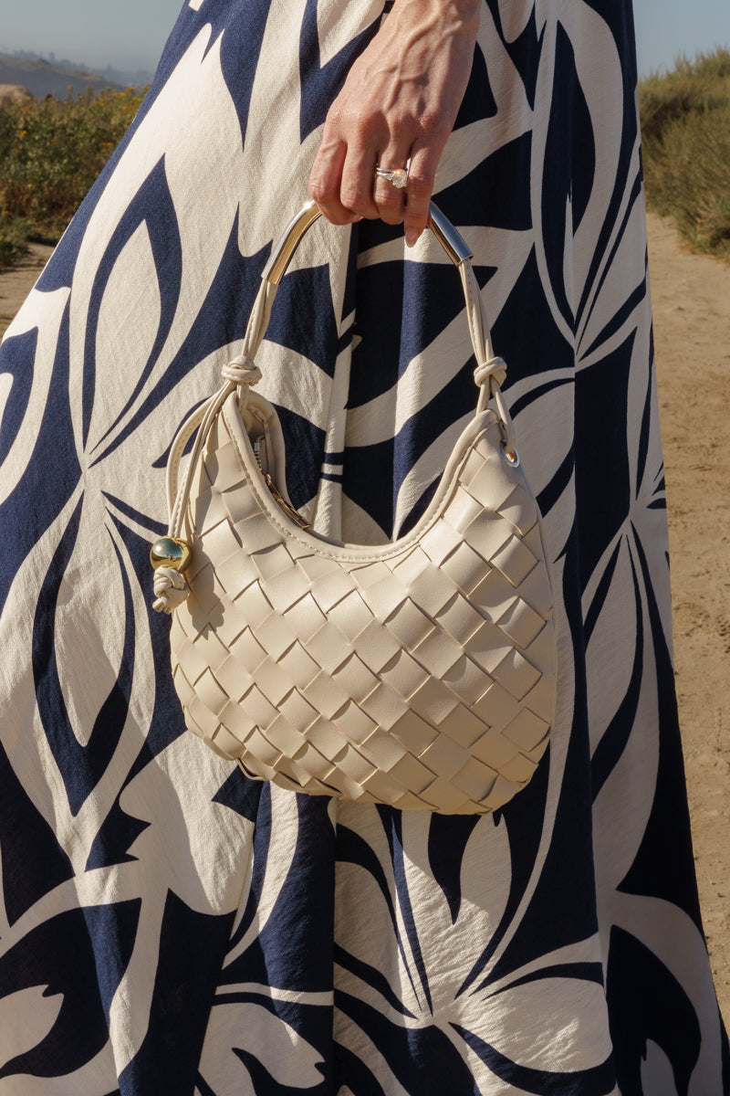 Top Handle Faux Leather Woven Handbag Cream