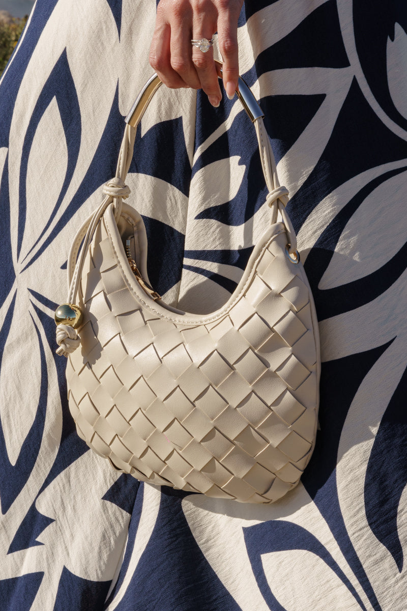 Top Handle Faux Leather Woven Handbag Cream