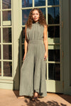 Sleeveless Cinched Waist Wide Leg Suede Jumpsuit Olive
