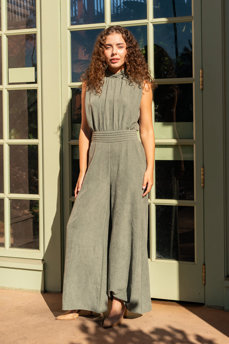 Sleeveless Cinched Waist Wide Leg Suede Jumpsuit Olive