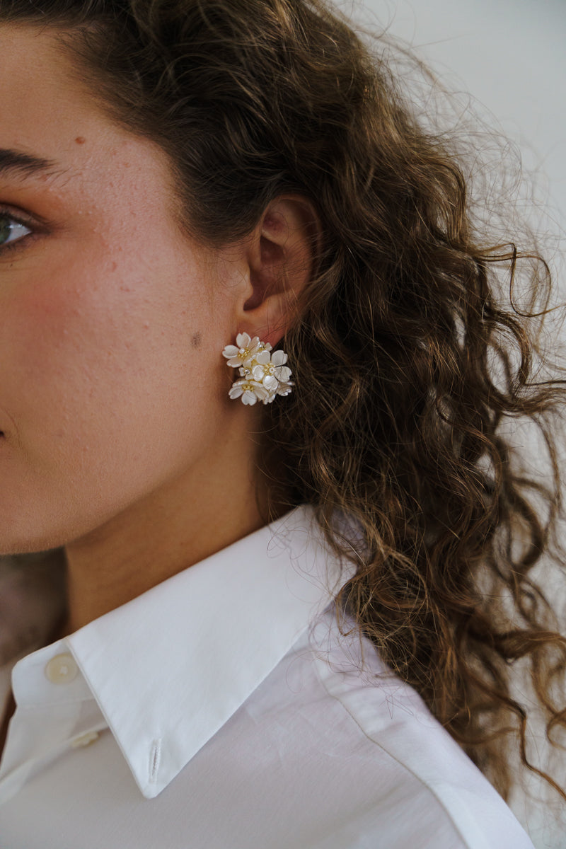Chunky Faux Pearl Flower Hoop Earrings White