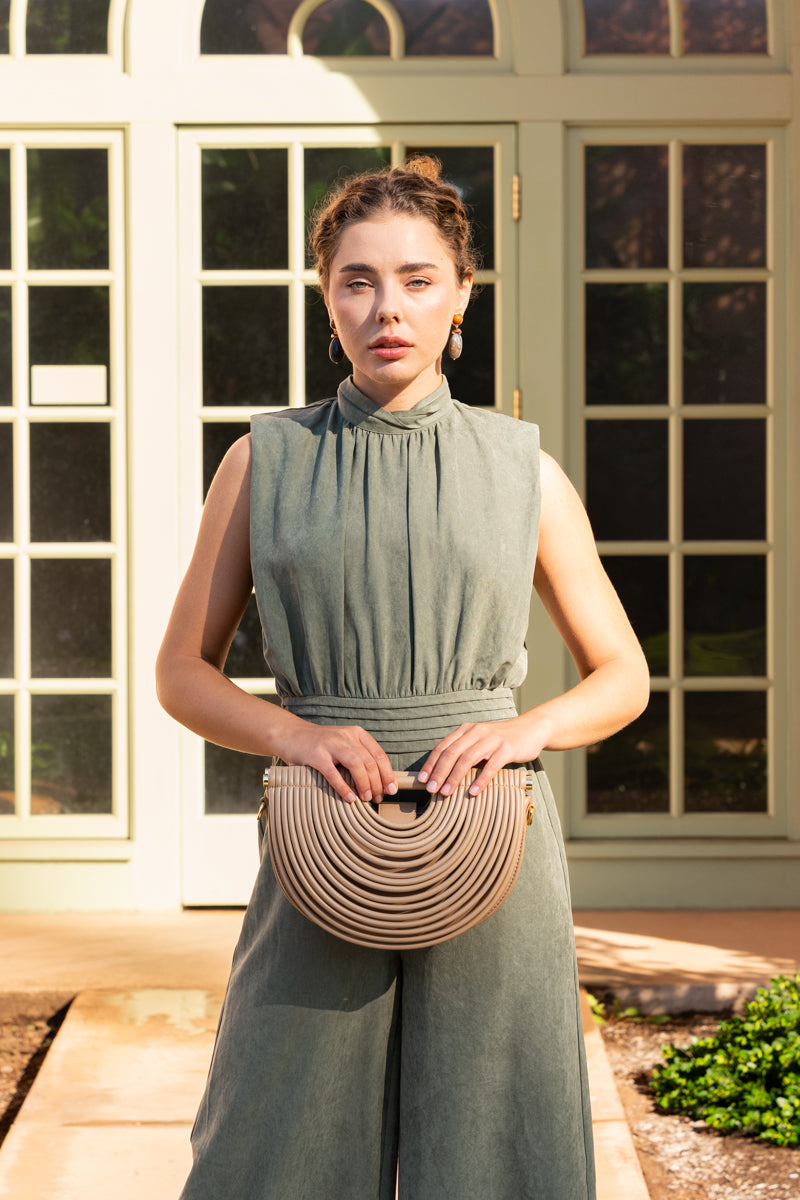 Sleeveless Cinched Waist Wide Leg Suede Jumpsuit Olive