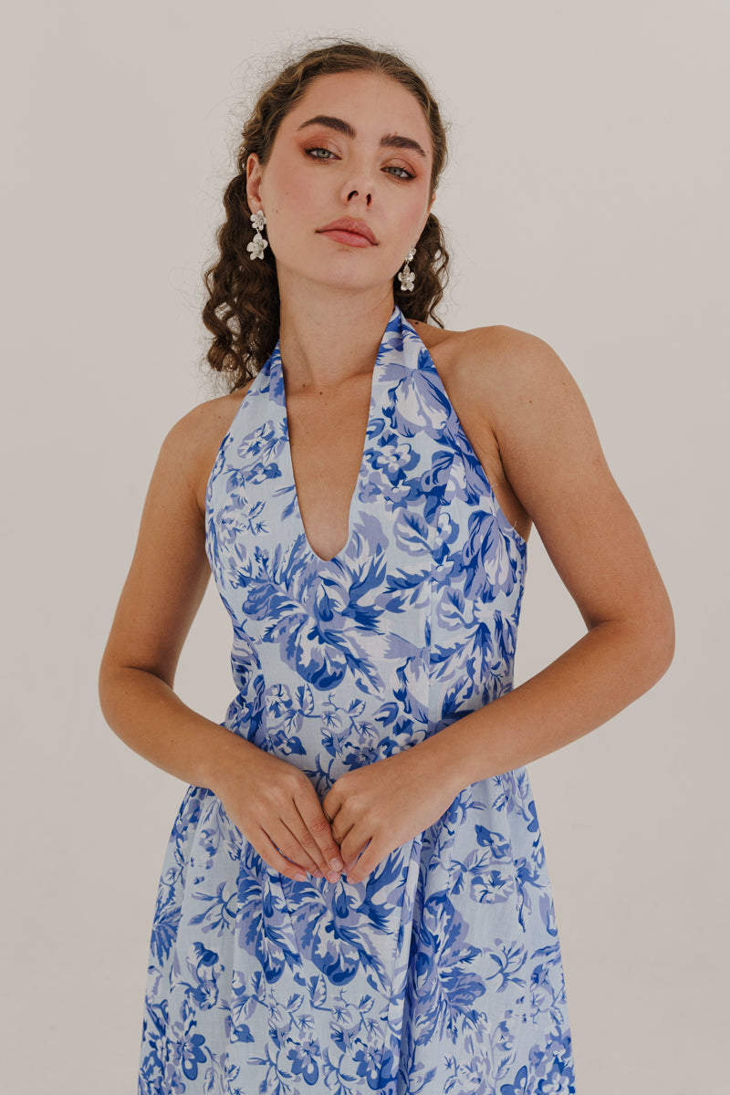 Whitney Sleeveless Halter Floral Print Maxi Dress Blue – Miss Match Group  Inc